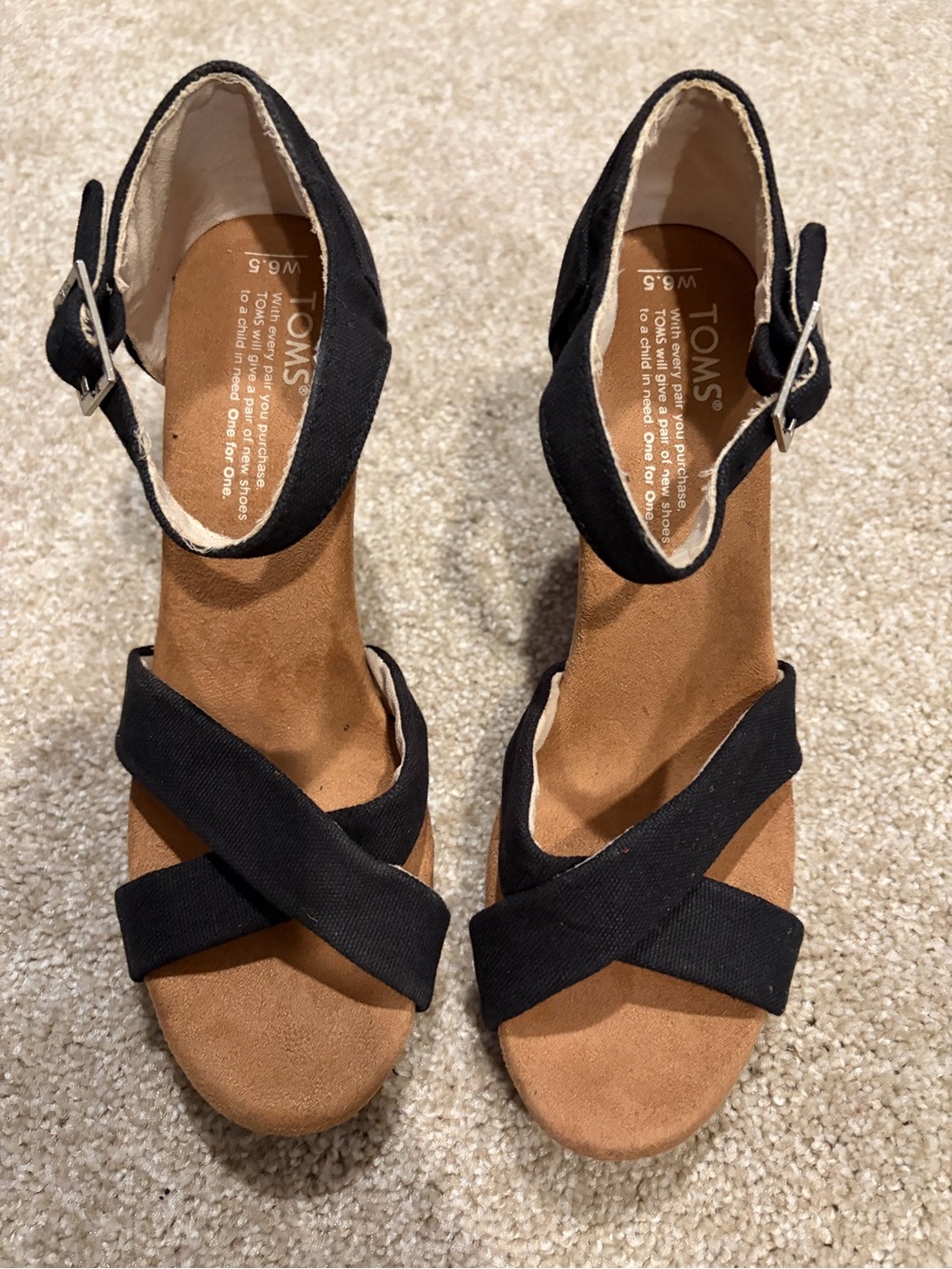TOMS Black Cork Wedge Sandals with Ankle Strap - Picture 2 of 7